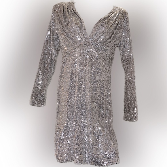 Express Dresses & Skirts - Express Women XS Sequin V-Neck Wrap Mini Dress Long Sleeve homecoming Silver